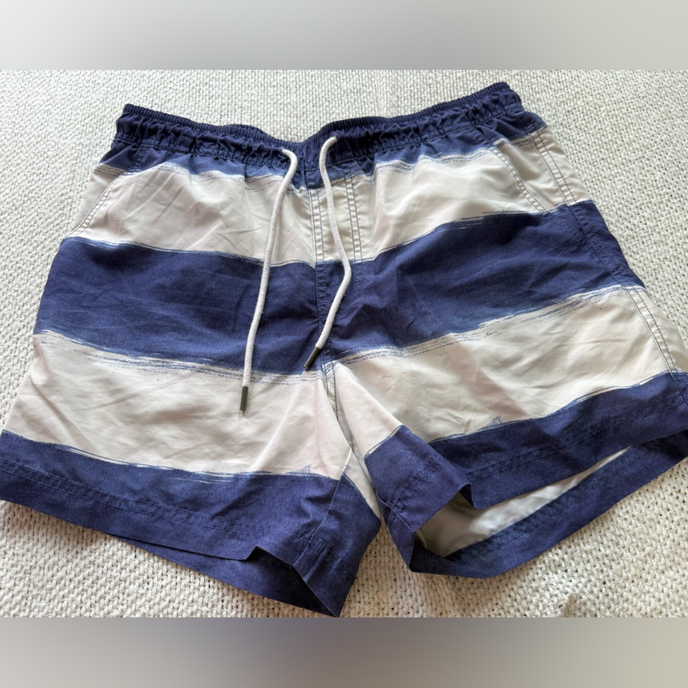 American Eagle Men’s Navy Blue & White Stripe Swim Trunks